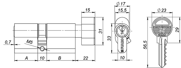Цилиндровый механизм (100 ZM/60) 1000ZMKnob60(25+10+25) AB бронза 5Key с вертушкой